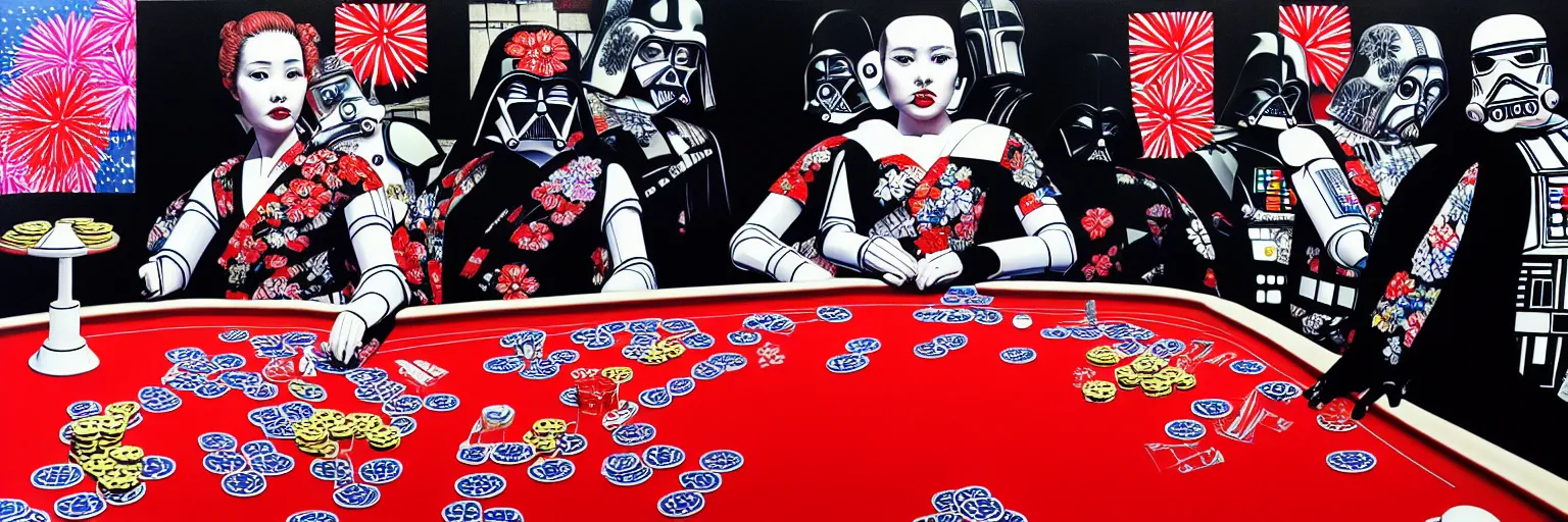 Prompt: hyperrealism composition of the detailed woman in a japanese kimono sitting at an extremely detailed poker table with darth vader and stormtrooper, ( ( r 2 d 2 ) ), ( ( c 3 po ) ), fireworks on the background, pop - art style, jacky tsai style, andy warhol style, acrylic on canvas