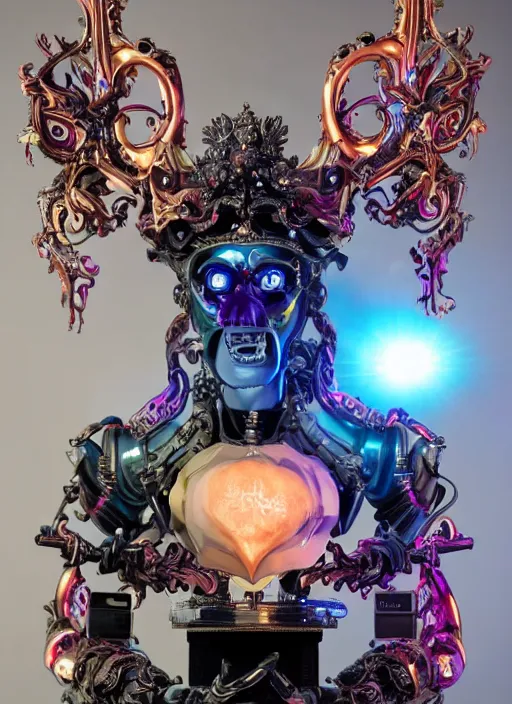Prompt: full-body baroque and cyberpunk style sculpture of a young seductive Hispanic prince half android with a chest exposing a glowing gemstone battery and a CRT monitor face, glowing pink seductive laser eyes, crown of blue gears and diamonds, swirling salmon-colored silk fabric, robotic raptors dinosaurs. baroque elements. full-length view. intricate artwork by caravaggio. art by Artgerm and Greg Rutkowski and Alphonse Mucha and Tooth Wu and Beeple, Trending on artstation, cinematic industrial lighting, hyper realism, octane render, 8k, depth of field, 3D