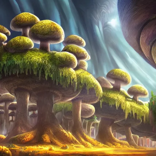 Prompt: beautiful matte art of a mushroom kingdom in the style of futuristic 1 8 th / 1 9 th / 2 0 th century concept art detailed realistic, highly detailed, crystal lighting, hyperrealistic, unreal engine, magical