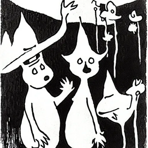 Image similar to moomins, ink, by tove jansson