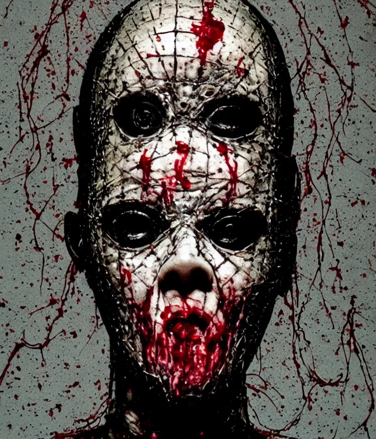 Image similar to very terrifying female Pinhead from the Hellraiser horror film splattered with blood, portrait showing entire scary head with grungy chains and hooks hanging down behind her, neo-expressionistic, maximalist, horror monster masterpiece, trending on DeviantArt, 4K resolution, dark cinematic, hyperrealism, octane render, volumetric lighting, ultra-detailed, chiaroscuro, dark black background, in the style of Giger and Ralph Steadman and Da Vinci,