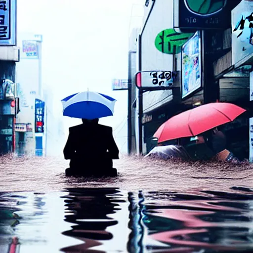 Prompt: seoul city is flooded by heavy rain. A guy with suit is sitting on the top of the A car is middle of the street flooded. Shinkai Makoto Ghibli anime style