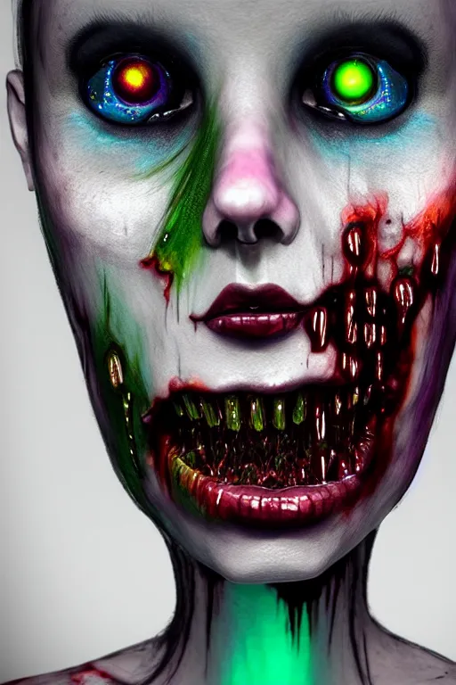 Prompt: beautiful dressed zombie girl, made from glass, hyperrealism photo, transparent illusion of colored glass dripping into the glass, substance designer, behance hd, stunning render, hyper realistic, extremely detailed, 8 k