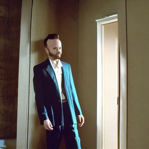 Image similar to color 35mm film still of young skinny Aaron Paul dressing elegantly, figure portrait