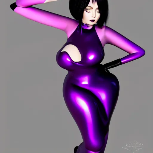 Prompt: curvy feminine hot goth cutie in a sublime elegant polished purple-black-silver latex neck-high gown with latex leggings, thin waist, cgsociety, photorealistic, comfy ambience, idealistic, 16k, smooth, sharp focus, trending on ArtStation, volumetric lighting, fully clothed, worksafe