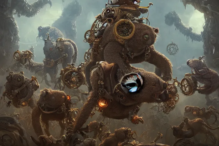 Prompt: steampunk family fighting a horde of crazy lovecraftian koalas, 3d scene, render, ultra realistic, zenith view, Greg Rutkowski, artstation, cgsociety, unreal engine, ray tracing, detailed illustration, hd, 4k, digital art, overdetailed art, concept art, complementing colors, Trending on artstation, deviantart