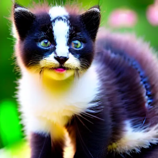 Prompt: cute kitten with panda body and cat face, in the garden in front of a house, highly detailed, sharp focus, photo taken by nikon, 4 k