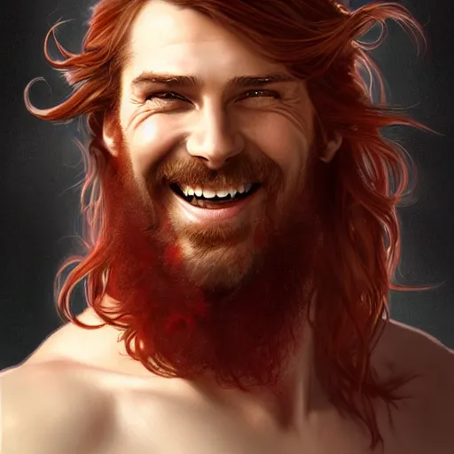 Image similar to portrait of a young ruggedly handsome but joyful pirate, male, masculine, upper body, red crimson hair, long flowing hair, fantasy, wide grin, intricate, elegant, highly detailed, digital painting, artstation, concept art, matte, sharp focus, illustration, art by artgerm and greg rutkowski and alphonse mucha