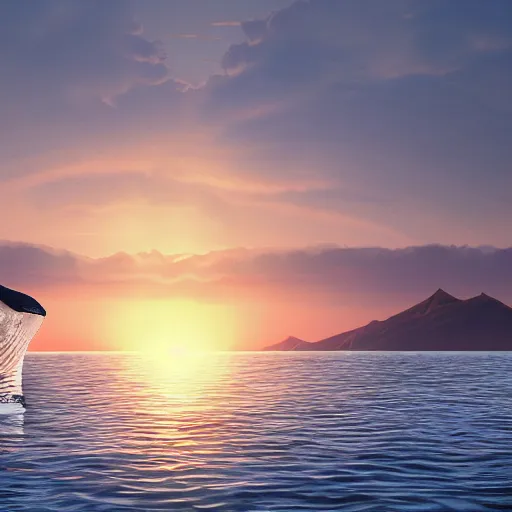 Image similar to The Sun was setting on the water and a whale was floating on it，matte painting, trending on artstation, artstationHQ, unreal engine, 4k, 8k, anime style