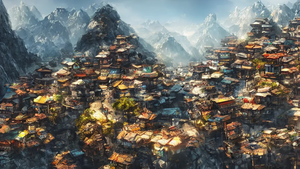 Image similar to small oriental mountainside village in cyberpunk style, concept art, hyperrealistic, highly detailed, 4 k hd