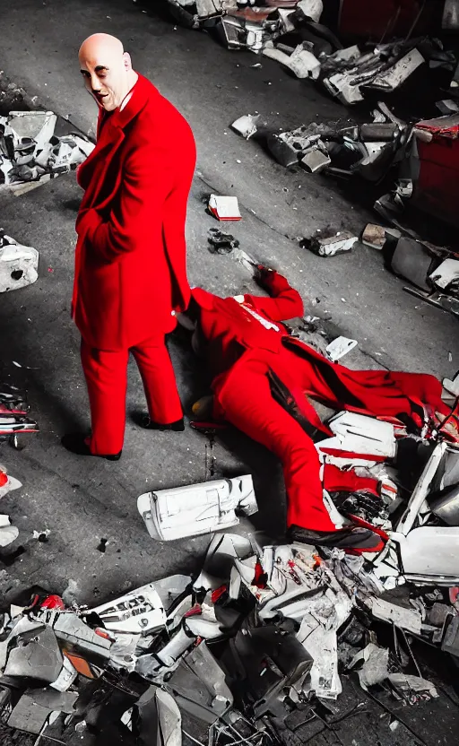 Prompt: cinematic scene of a bald comedian in red coat performing comedy show on top of dead bodies in streets of an apocalyptic metropolis destroyed after war, dramatic lighting, insane details