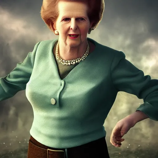 Image similar to Margaret Thatcher with hulk's body, realistic artstyle, wide shot, dramatic lighting, octane render, hyperrealistic, high quality, highly detailed, HD, beautiful, cinematic, 8k, unreal engine, facial accuracy, symmetrical