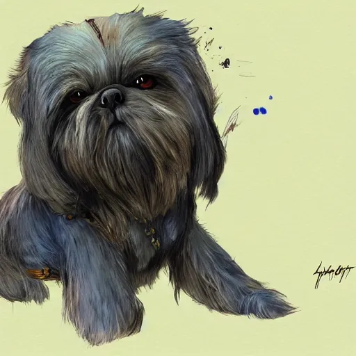 Prompt: intricate painting of a shih tzu as a mighty dark souls boss, concept art