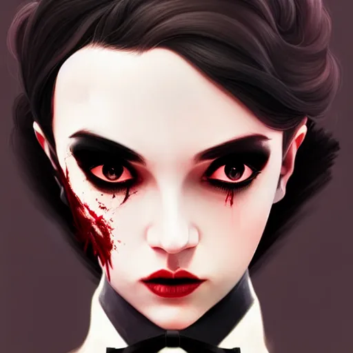 Prompt: young professional killer female in black tuxedo, stained with blood, muted colors, matte print, pastel colors, 2d, ultra highly detailed, smooth, sharp focus, digital art, digital painting, fan art, elegant, artstation, head is centered, by Ilya Kuvshinov