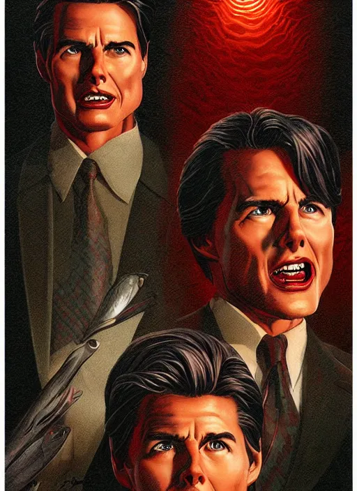 Image similar to small innocent tom cruise evil beings pull the strings, they reach into his mind, twin peaks poster art, from scene from twin peaks, by michael whelan, artgerm, retro, nostalgic, old fashioned, 1 9 8 0 s teen horror novel cover, book
