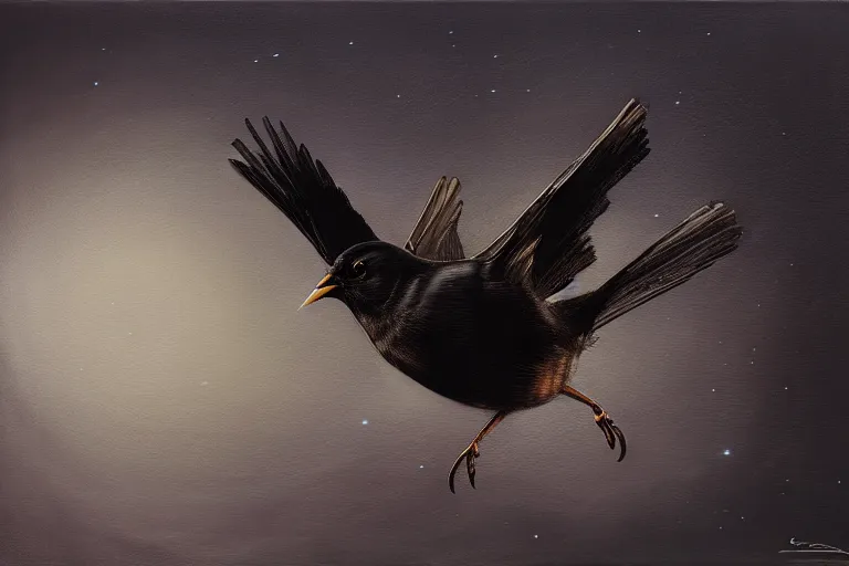 Image similar to hyperrealistic mixed media painting of a blackbird singing in the dead of night, dim volumetric lighting, 8k octane beautifully detailed render, post-processing, portrait, extremely hyper-detailed, intricate, epic composition, cinematic lighting, masterpiece, trending on artstation, stunning, art by P. Craig Russell and Barry Windsor-Smith