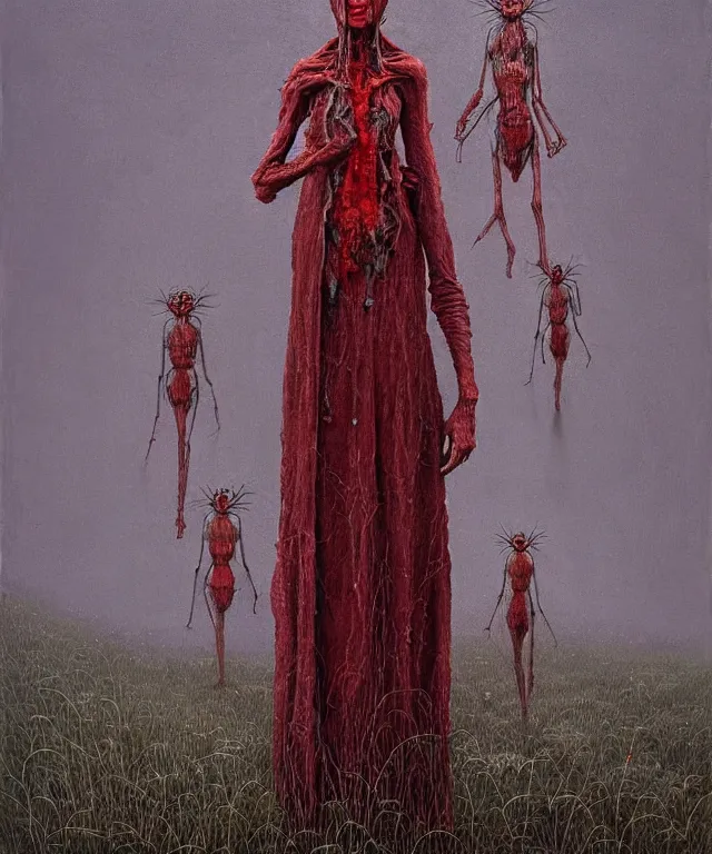 Prompt: a detailed mosquitowoman stands among the hills. wearing a ripped mantle, robe. perfect faces, gnats, extremely high details, realistic, fantasy art, solo, masterpiece, art by hermann nitsch, zdzislaw beksinski, dariusz zawadzki, giger, dragan bibin