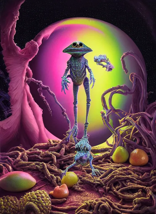 Image similar to hyper detailed 3d render of like a chiaroscuro oil painting - kawaii portrait outside spaceship (an astronaut queen with advanced suit like a skeksis from dark crystal that looks like millie bobby brown and Krysten Ritter) seen Eating of the Strangling network of yellowcake aerochrome and milky Fruit and His delicate Hands hold of gossamer polyp skeletons bring iridescent fungal flowers whose spores black the foolish stars by Jacek Yerka, Ilya Kuvshinov, Mariusz Lewandowski, Houdini algorithmic generative render, Abstract brush strokes, Masterpiece, Edward Hopper and James Gilleard, Zdzislaw Beksinski, Mark Ryden, Wolfgang Lettl, hints of Yayoi Kasuma, octane render, 8k