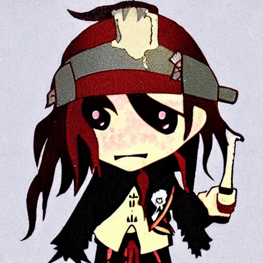 Prompt: chibi anime version of jack sparrow getting really drunk on the beach