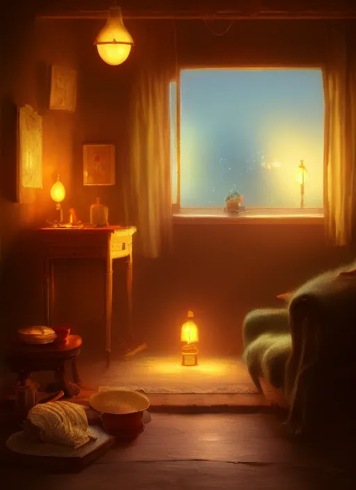 Image similar to beautiful interior of a cozy cottage, delphin enjolras, goro fujita, makoto shinkai, volumetric lighting, exquisite lighting, octane render, trending on artstation