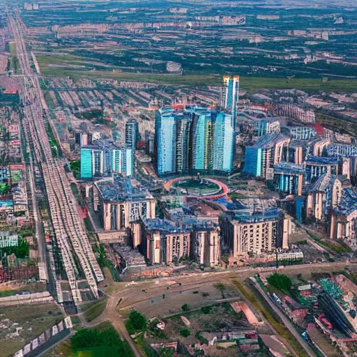 Image similar to Aerial photo of a Minsk city after apocalypse, ultra detailed, High resolution, 4k, nuclear war, alien invasion