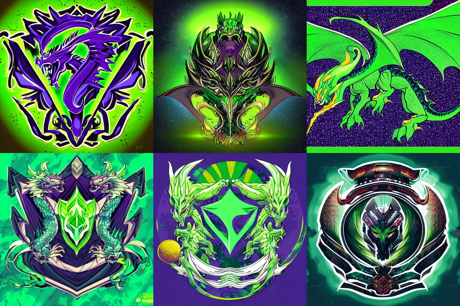 Prompt: A serious-looking green dragon wearing knight aromor, the background is inspired by two colliding galaxies, e-sports logo vector