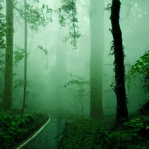 Prompt: deep rain forest scene, dark, dense fog, greenish lights