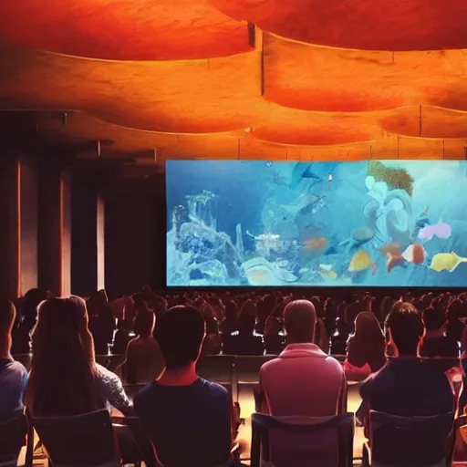 Image similar to cartoon, people listening to presentation on large screen, sitting in a large hall, dim painterly lighting volumetric aquatics, party