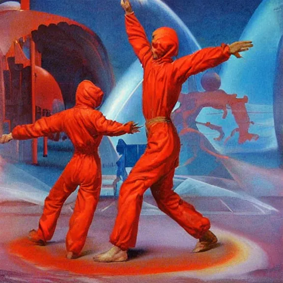Prompt: two scientist wearing red hazmat suits dancing at the entrance of the geometric rainbow crystal dimensional gateway by frank frazetta
