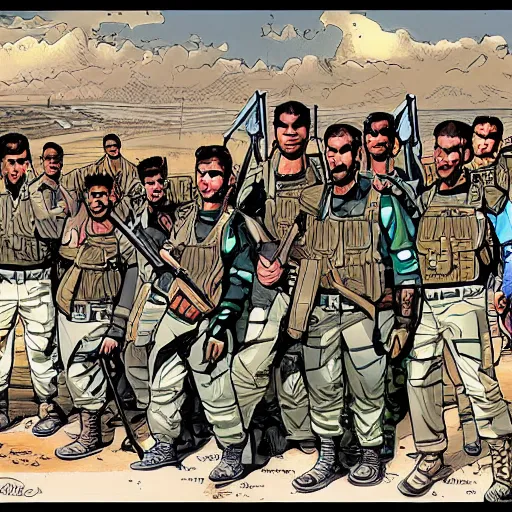 Image similar to kurdish peshmerga comic art by mike allred, highly detailed, award winning art