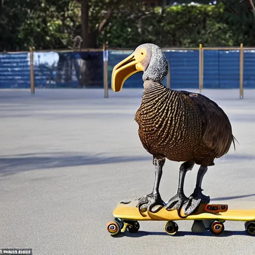 Image similar to a dodo wearing a gold chain around its neck and baseball cap, on a hovering skateboard without wheels, at a skate park near the beach, Saturday Morning cartoon