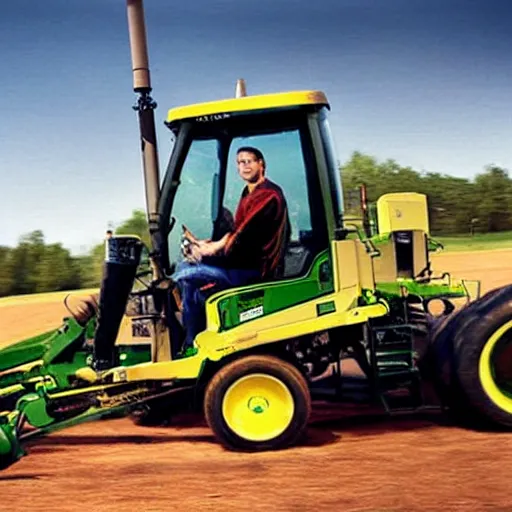 Prompt: award winning photograph, elon musk driving a john deere