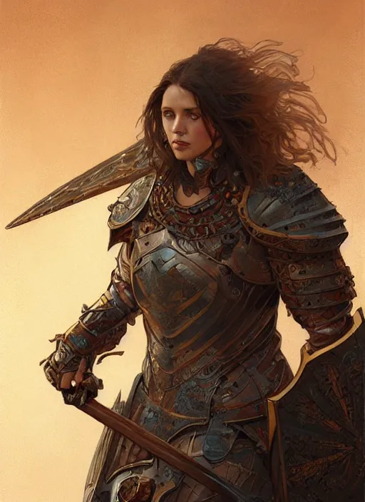 Image similar to portrait of a rugged female as a bruised knight with a shield and armor, fantasy, intricate, headshot, highly detailed, digital painting, artstation, concept art, sharp focus, cinematic lighting, illustration, art by artgerm and greg rutkowski, alphonse mucha, cgsociety