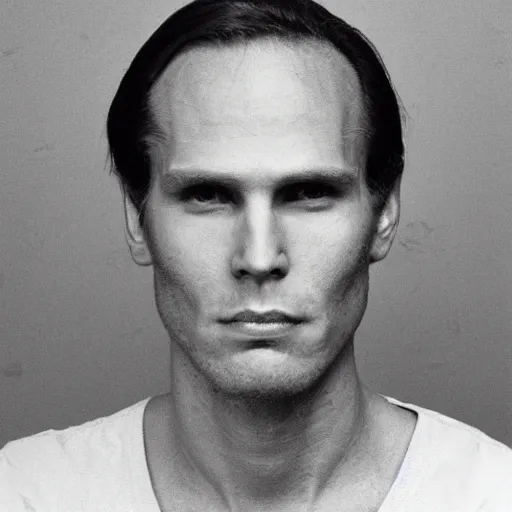 Image similar to A mugshot portrait of a man who looks like Jerma985 with a receding hairline and short mid-length wavy hair, wearing mid-1980s menswear in the late 1980s, taken in the late 1980s, grainy, realistic, hyperrealistic, very realistic, highly detailed, very detailed, extremely detailed, detailed, trending on artstation, front facing, front view, headshot and bodyshot, detailed face, very detailed face