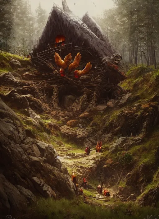 Image similar to two giant chicken legs below witch hut, greg rutkowski, zabrocki, karlkka, jayison devadas, trending on artstation, 8 k, ultra wide angle, zenith view, pincushion lens effect