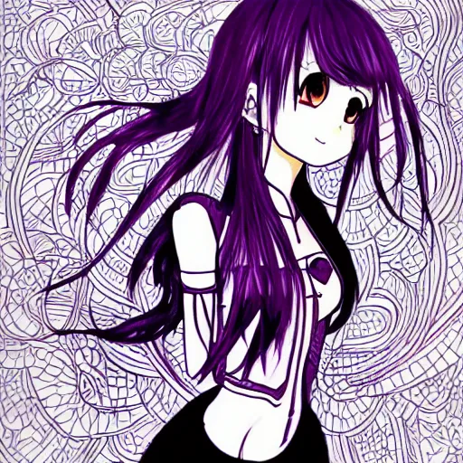 Image similar to a magical anime girl, dark colours, drawn by Yūpon, fancy line work