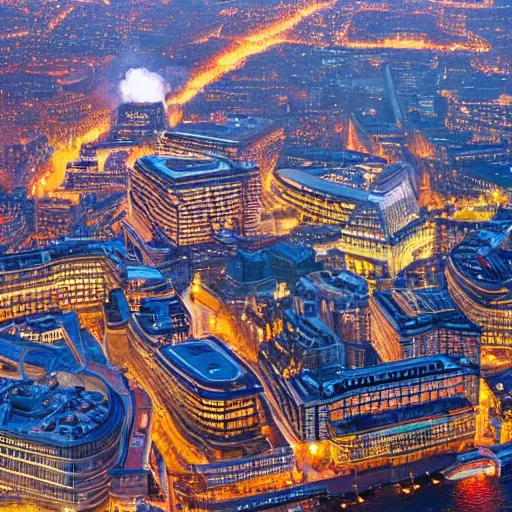 Image similar to london on fire aerial view volumetric lighting