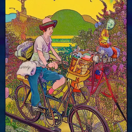 Prompt: hoffman bicycle trip, blotter art, in the style of robert crumb and lisa frank, studio ghibli, mucha, art nuevo, art deco, beautiful nature, serenity, cartoon, realistic, photograph, trending on artstation, vivid, surreal, beautiful, loving athmosphere