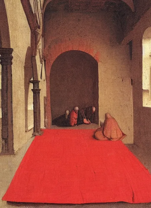 Image similar to red cloth of the floor, medieval painting by jan van eyck, johannes vermeer, florence