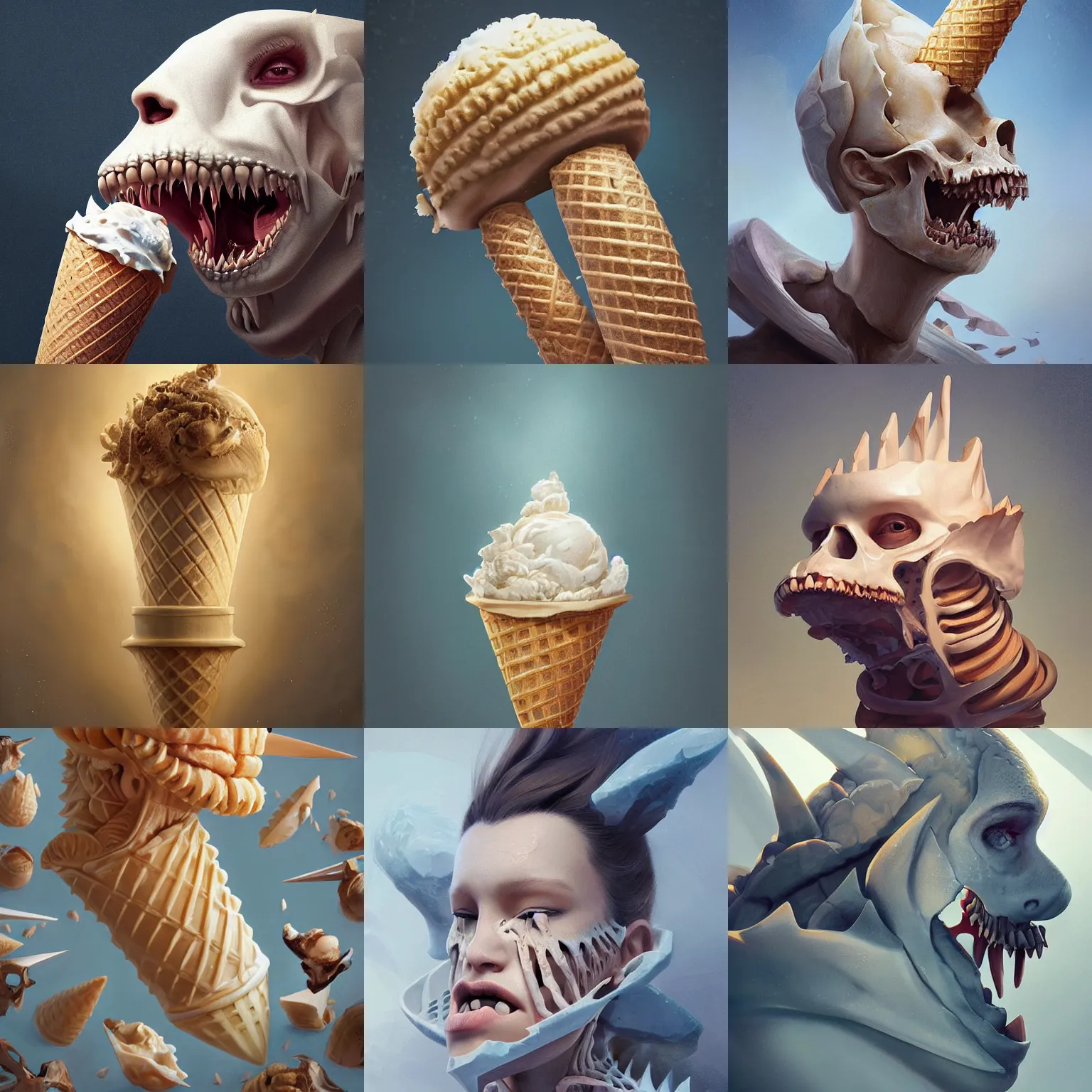 Prompt: a professional digital painting of a ice cream cone with many jaws, beautiful bone structure, symmetrical facial features, intricate, elegant, concept art, sharp detail, focused, illustration, smooth render, art style by Ruan Jia and Mandy Jurgens and Ian Spriggs and William-Adolphe Bouguerea