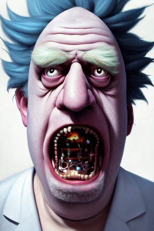 Prompt: Boris Johnson as crazy genius Rick Sanchez from Rick and Morty, unibrow, white robe, big eyes, realistic portrait, symmetrical, highly detailed, digital painting, artstation, concept art, smooth, sharp focus, illustration, cinematic lighting, art by artgerm and greg rutkowski and alphonse mucha