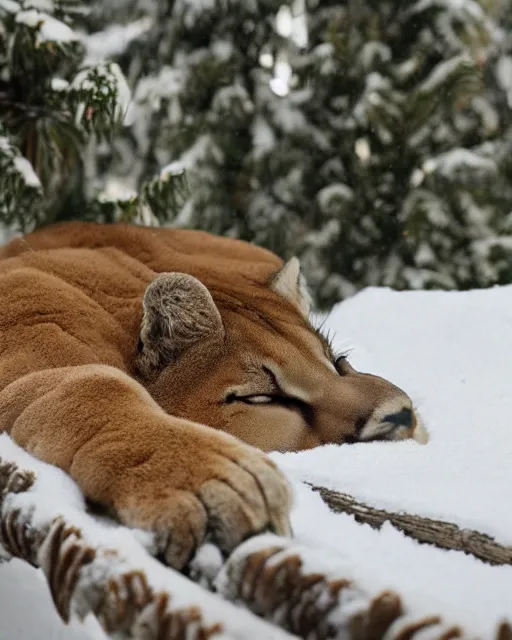 Image similar to ripped up apostcard showing 'a cougar sleeping in the middle of snowy pine tree' laying on coffee table, zoomed out shot, HD, iphone capture