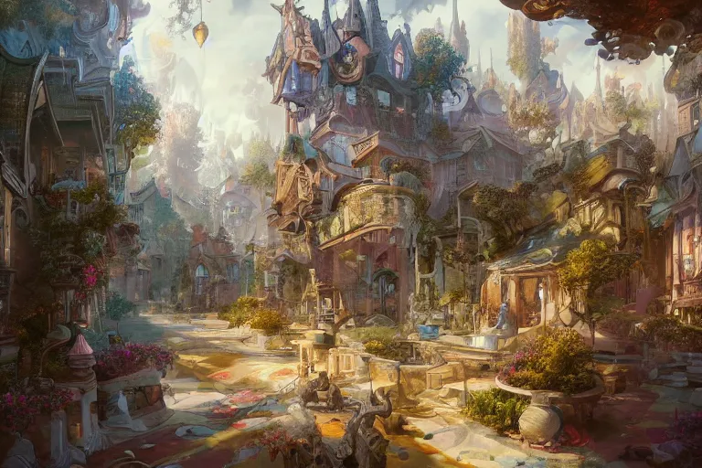 Prompt: multiversal otherworldly realm with streets and shops and lush garden and intricate luxurious homes, allegorical style, high detailed, octane render, serene, by peter mohrbacher, jeremy mann, francoise nielly, van gogh, ross tran, beautiful, award winning scenery