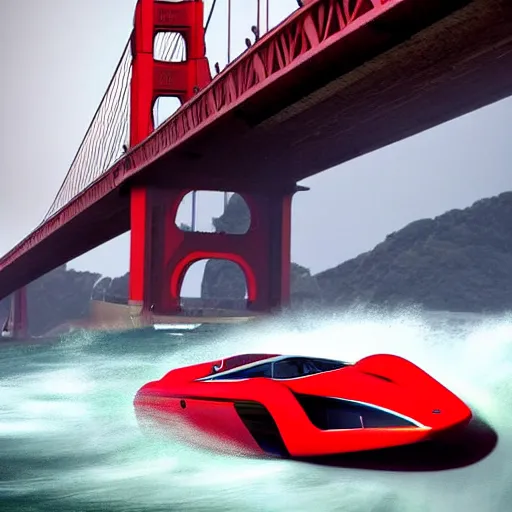 Prompt: concpet art featuring a futuristic red racing speedboat designed in the style of ferrari at golden gate park. bridge in background. fine detail. surf. this 4 k hd image is trending on artstation, featured on behance, well - rendered, extra crisp, features intricate detail, epic composition and the style of unreal engine.