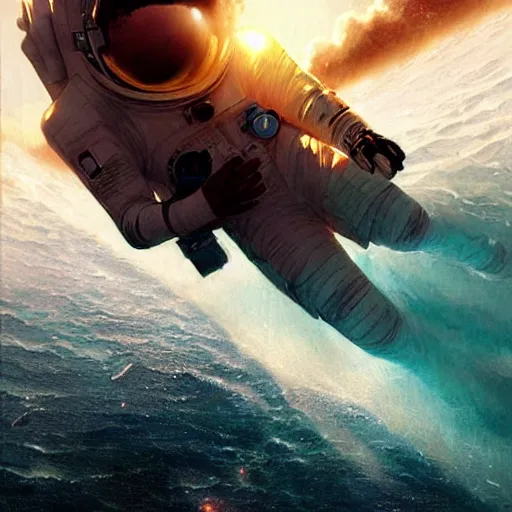 Image similar to an astronaut lost in the ocean,digital art,detailed,ultra realistic,art by greg rutkowski