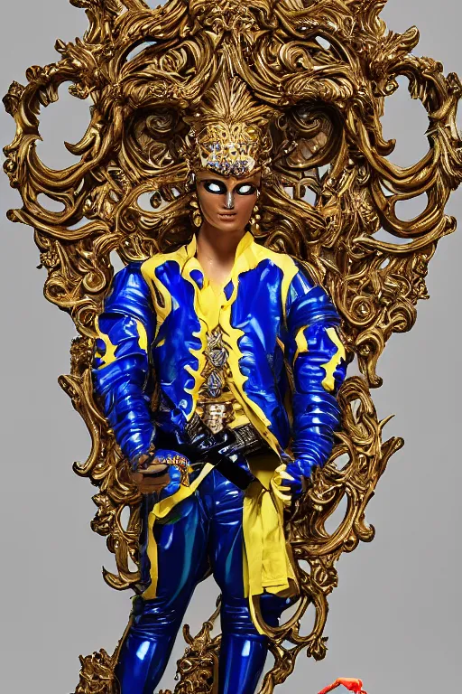 Image similar to full-body sculpture of a young handsome Colombiano prince as a half cibernetic android with a glowing blue battery in his chest, white laser beam coming out of his eyes, crown of giant diamonds, flowing neon-colored silk, fabric, raptors, in a cyperbunk and baroque style. baroque elements. full-length view. baroque element. intricate artwork by caravaggio. many many birds birds on background. Trending on artstation, octane render, cinematic lighting from the right, hyper realism, octane render, 8k, depth of field, 3D