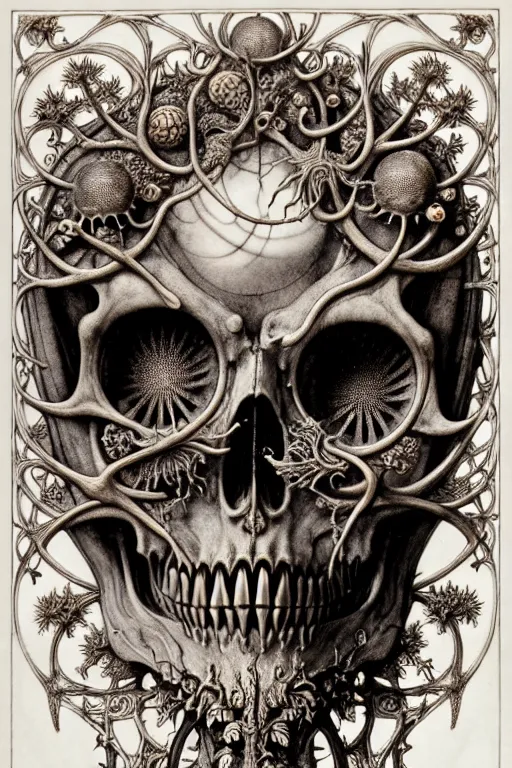 Image similar to art forms of nature by ernst haeckel, memento mori by arthur rackham, ornate antique porcelain beautiful skull mask, ultrasharp, photorealistic, hyperdetailed, octane render, polished, art nouveau, neo - gothic, gothic, intricate ornamental organic filigree, art nouveau botanicals, art forms of nature by ernst haeckel, horizontal symmetry, symbolist, visionary