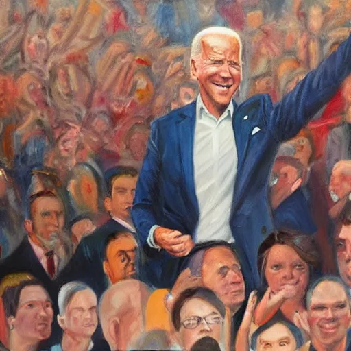 Image similar to Biden staring off into a crowd of people cheering, it’s nighttime, oil painting