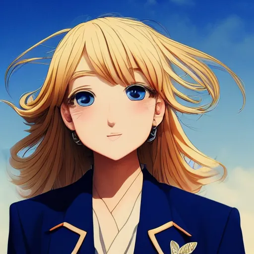 Image similar to blonde - haired princess, anime princess, wearing blue suit, golden hour, partly cloudy sky, sepia sun, strong lighting, strong shadows, vivid hues, ultra - realistic, sharp details, subsurface scattering, intricate details, hd anime, 2 0 1 9 anime