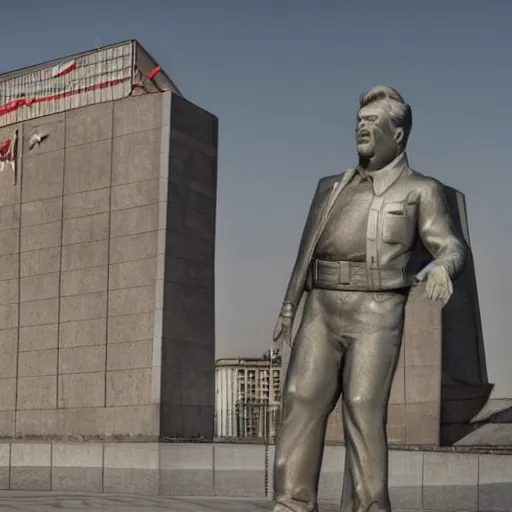 Image similar to soviet monument to donald trump, hyper real, 8 k, dystopian lighting, dusk